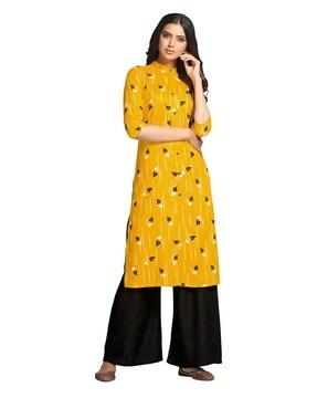 leaf print band collar straight kurta