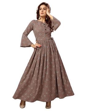 leaf print bell sleeves anarkali kurta