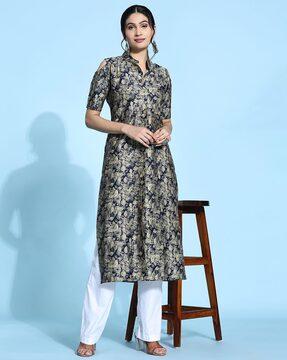 leaf print button-front kurti