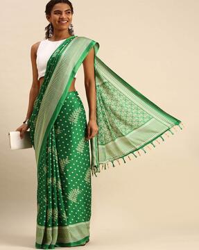 leaf print chiffon saree with tassels