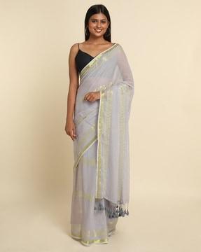 leaf print cotton blend saree with tassels