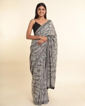 leaf print cotton blend saree with tassels