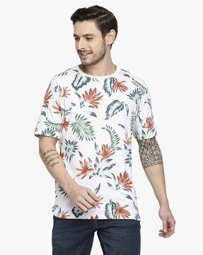 leaf print crew-neck cotton t-shirt