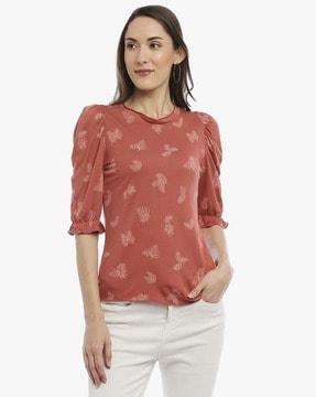 leaf print crew-neck t-shirt with puff sleeves