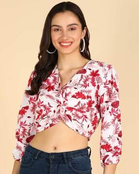 leaf print crop top with twisted front-knot