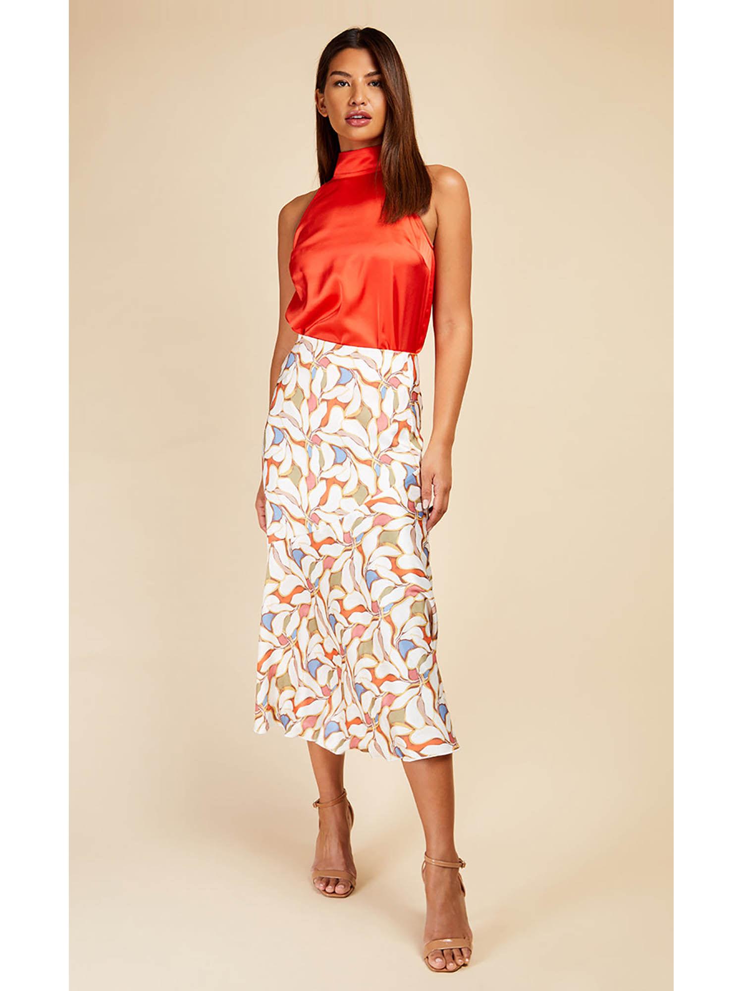 leaf print diagonal seam midi skirt