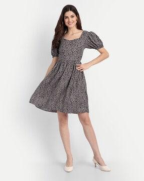 leaf print fit & flare dress with back knot