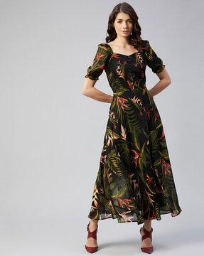 leaf print fit & flare dress