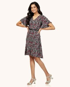 leaf print fit & flare dress