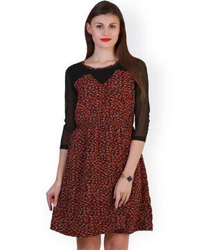 leaf print fit & flare dress