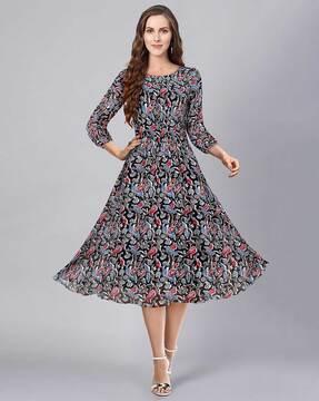 leaf print fit & flare dress