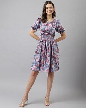 leaf print fit & flare dress