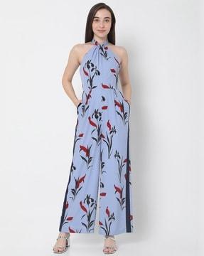 leaf print halter-neck jumpsuit