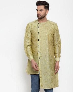 leaf print high-low long kurta