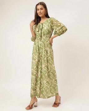 leaf print jumpsuit with puff sleeves
