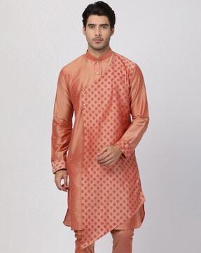 leaf print kurta with mandarin collar