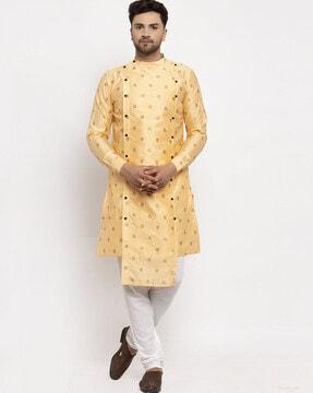 leaf print long kurta with mandarin collar