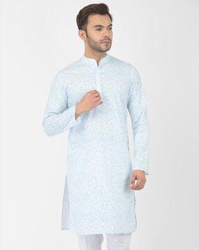 leaf print long kurta with mandarin-collar