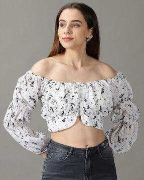 leaf print off-shoulder sleeve top