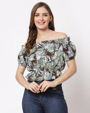 leaf print off-shoulder top