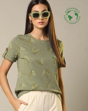 leaf print organic cotton round-neck t-shirt