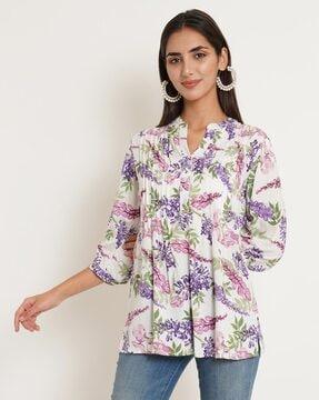 leaf print pintuck detailed tunic