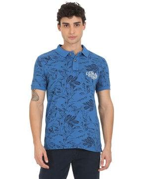 leaf print pique cotton polo t-shirt