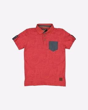 leaf print polo t-shirt with patch pocket