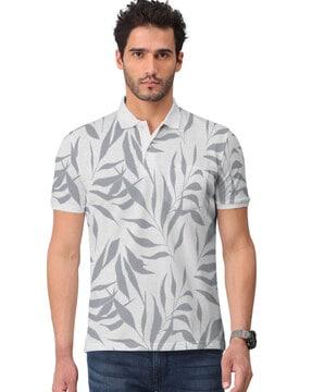 leaf print polo t-shirt with ribbed hem