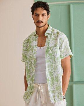 leaf print regular fit linen shirt with patch pocket