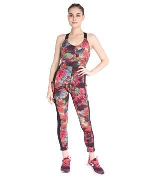 leaf print round-neck jumpsuit