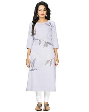 leaf print round-neck straight kurta