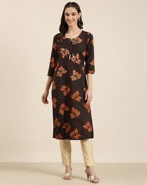 leaf print round-neck straight kurta