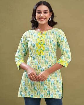 leaf print round-neck straight kurti