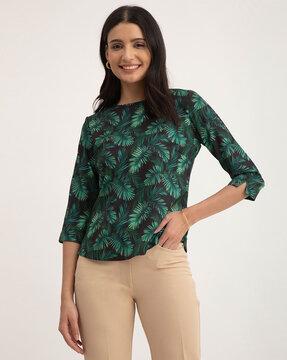 leaf print round-neck top