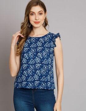 leaf print round-neck top