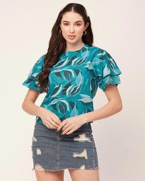 leaf print round-neck top