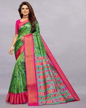 leaf print saree with contrast border