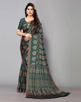 leaf print saree with contrast border