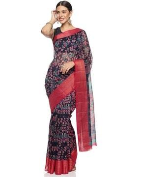 leaf print saree with contrast border