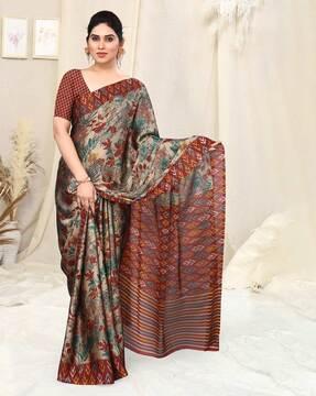 leaf print saree with contrast border