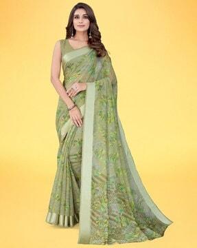 leaf print saree with contrast border