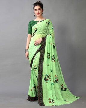 leaf print saree with contrast border