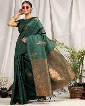 leaf print saree with embossed border