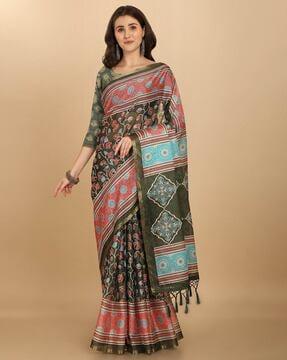 leaf print saree with tassels