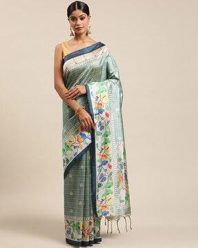 leaf print saree with tassels