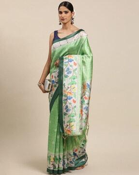 leaf print saree with tassels