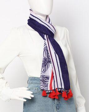 leaf print scarf with tassels