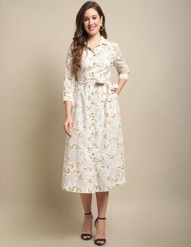 leaf print shirt dress with belt