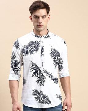 leaf print shirt kurta with mandarin collar